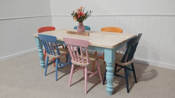 Farmhouse Dining Set with Colorful Spindle Back Chairs