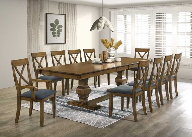 Farmhouse Dining Set with Light Oak Finish, X-Back Chairs, and Bench