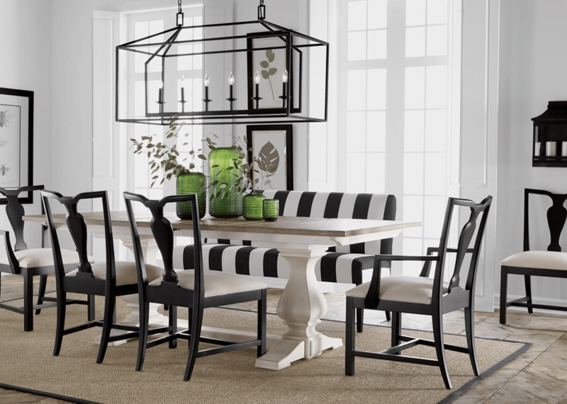 Farmhouse Dining Set with Striped Bench and Lantern Pendant