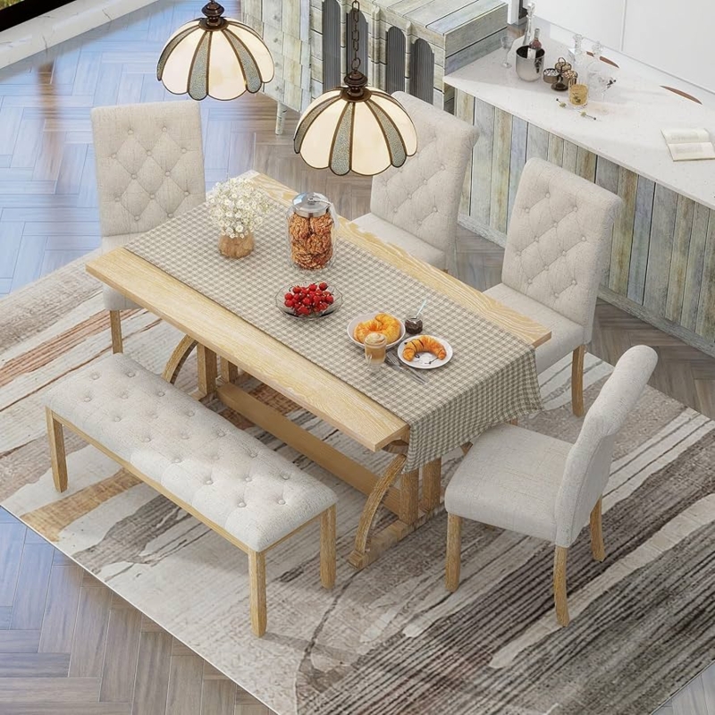 Farmhouse Dining Set with Trestle Table and Button Tufted Seating