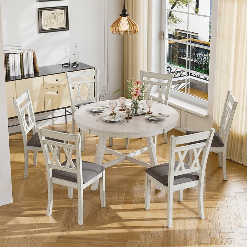 Farmhouse Dining Table Set featuring a Whitewashed Finish and X-Backs