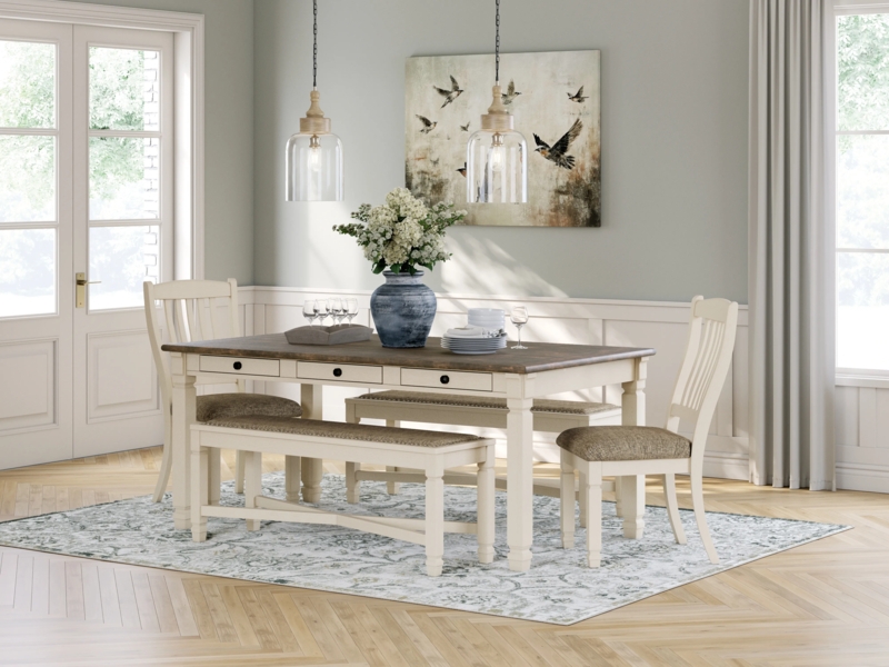 Farmhouse Dining Table Set Two Tone Finish Integrated Drawers