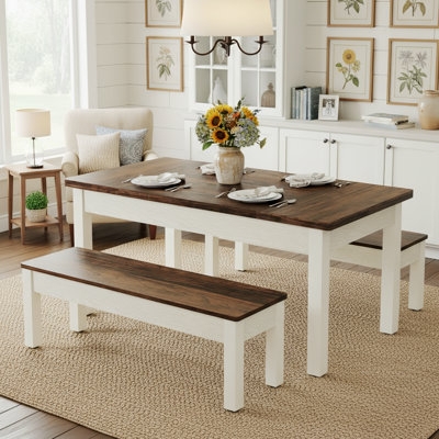 Farmhouse Dining Table Set with Two Benches and Block Legs