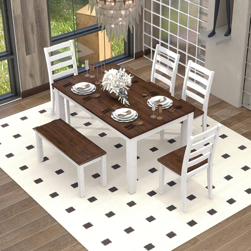 Farmhouse Dining Table Set with Two-Tone Finish and Bench