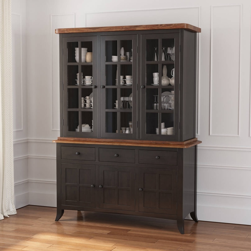 Farmhouse Display Hutch Charcoal Honey Oak Muntin Bars