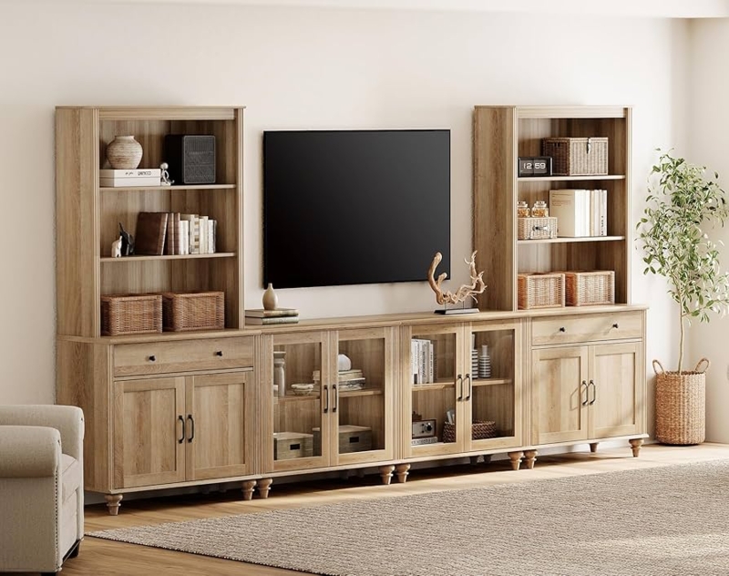 Farmhouse Entertainment Center with Flanking Bookshelves and Glass Doors