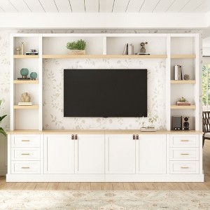 Farmhouse Entertainment Center with Six Drawers, Wood and White Wall Unit