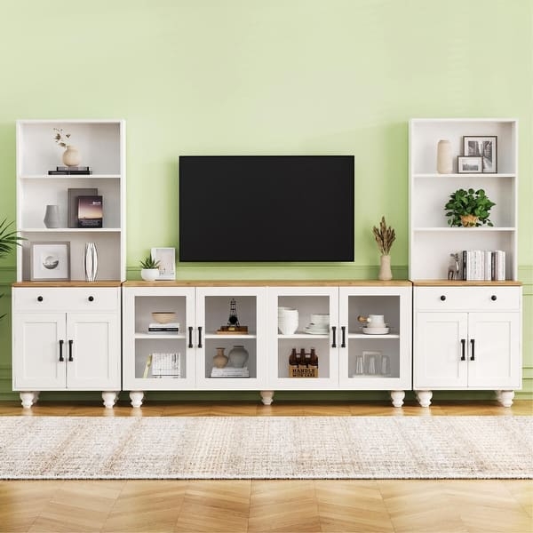Farmhouse Entertainment Wall Unit with Walnut-Toned Tops