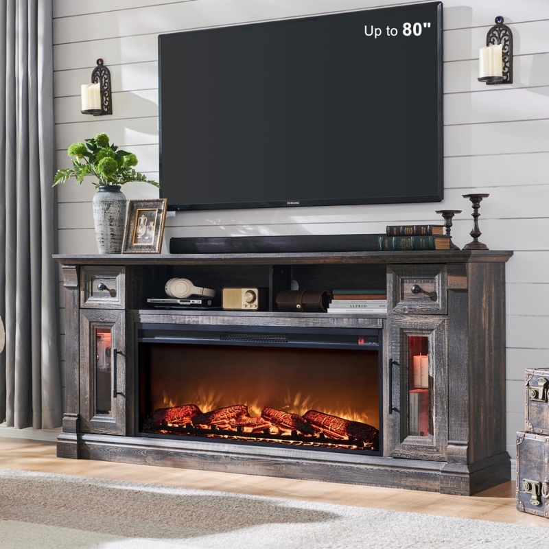 Farmhouse Fireplace TV Stand Dark Finish Electric Heater 80 Inch