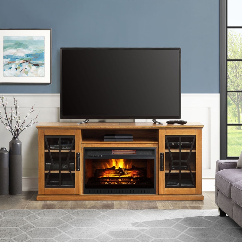 Farmhouse Fireplace TV Stand with Black X Muntin Glass Doors