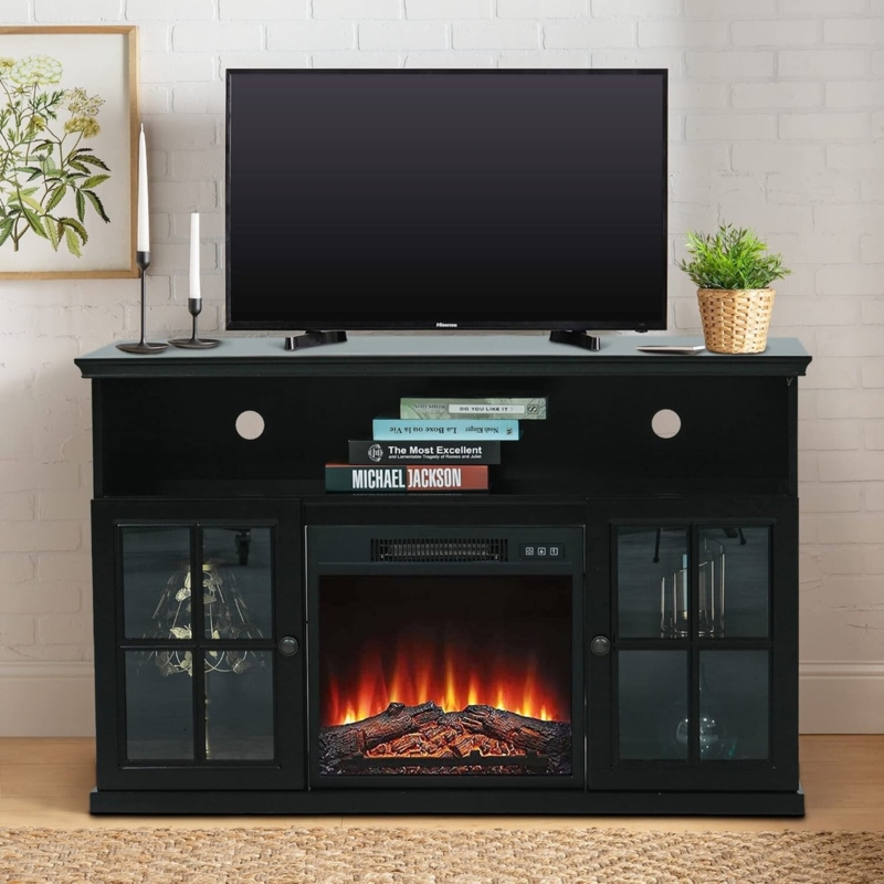 Farmhouse Fireplace TV Stand with Mullion Glass Doors