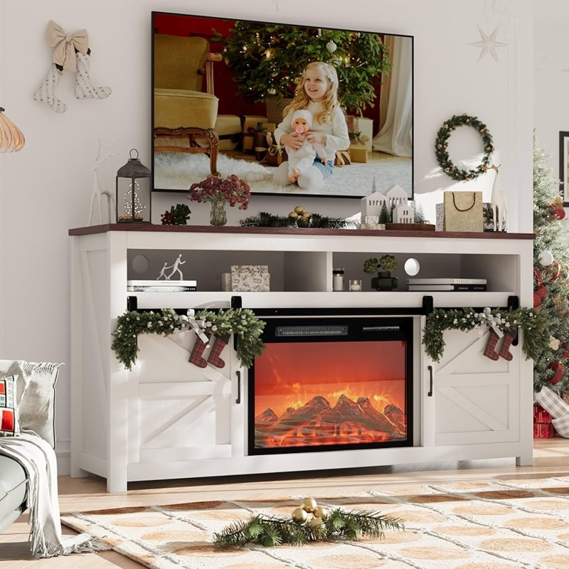 Farmhouse Fireplace TV Stand with Sliding Barn Doors
