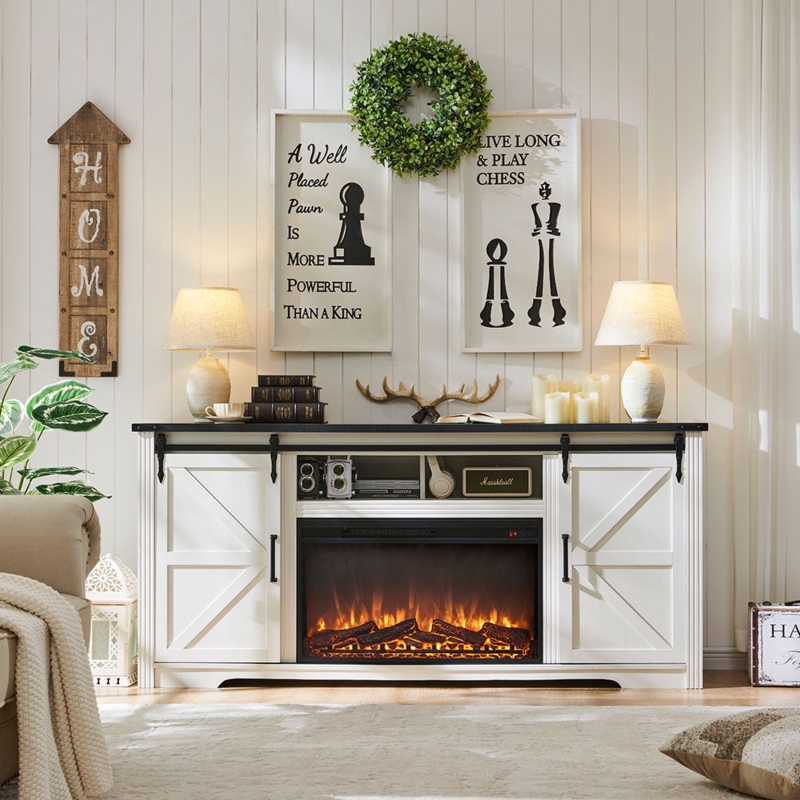 Farmhouse Fireplace TV Stand with Tall Profile and Black Contrast Top