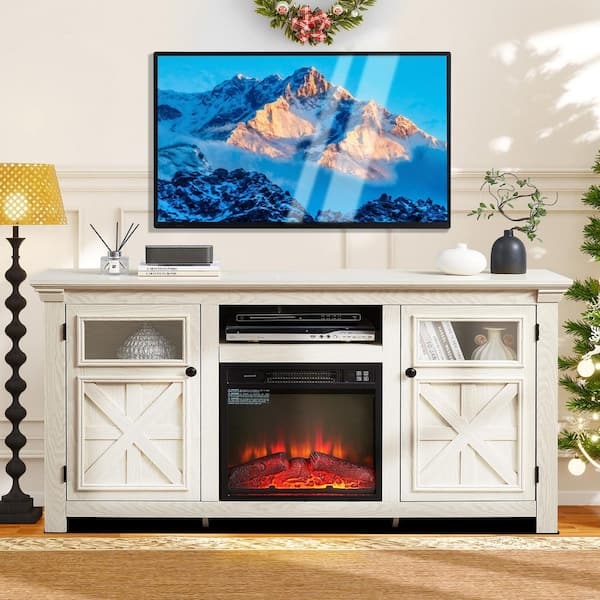 Farmhouse Fireplace TV Stand with White X-Brace Barn Doors