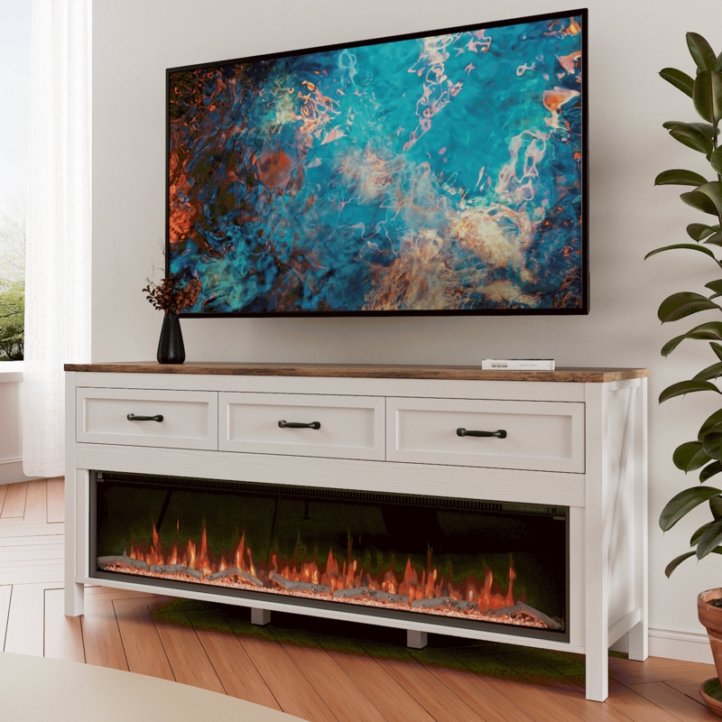 Farmhouse Fireplace TV Stand with Wide Storage Drawers, Two-Tone Finish