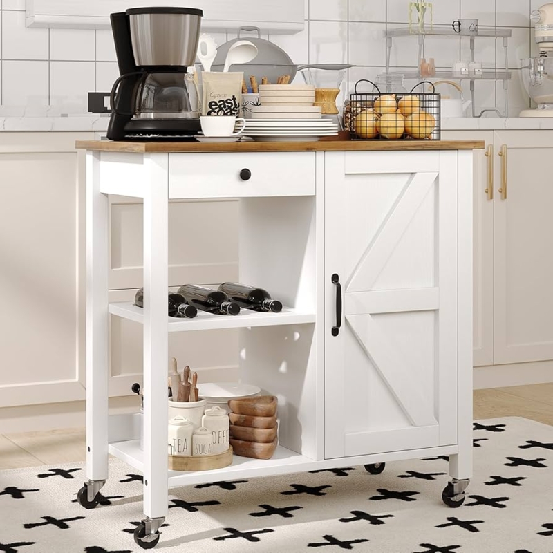 Farmhouse Kitchen Cart Barn Door Wine Rack Wood Top