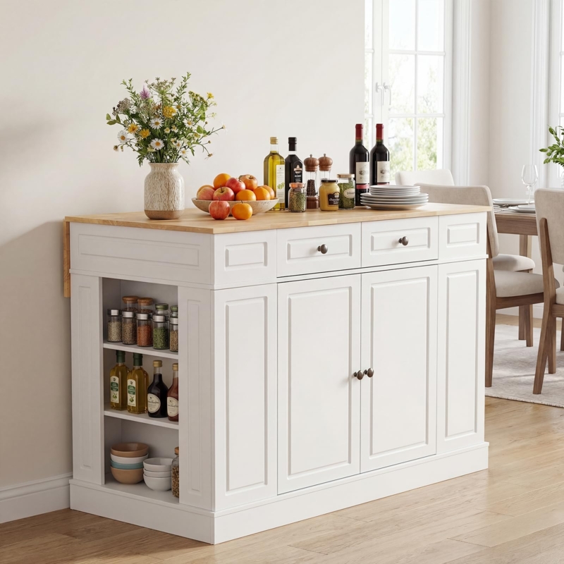 Farmhouse Kitchen Island Drop Leaf Side Shelving Butcher Block Top