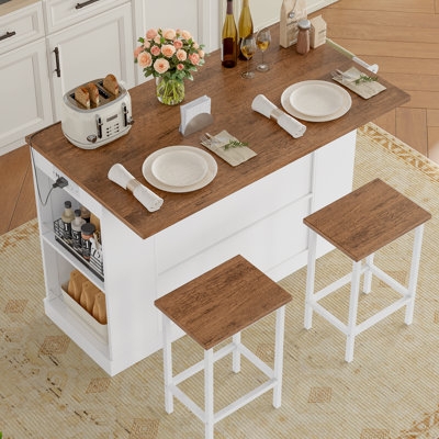 Farmhouse Kitchen Island Set with Spice Rack and Power Outlets