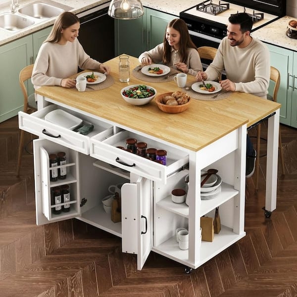 Farmhouse Kitchen Island With Internal Storage Rack And Drop Leaf