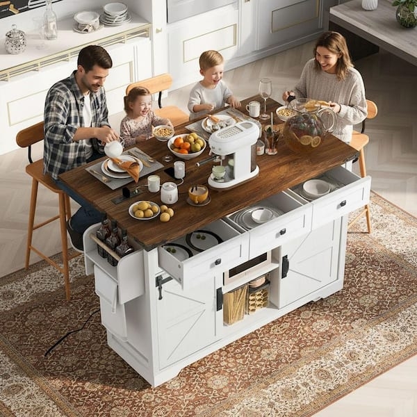 Farmhouse Kitchen Island with Sliding Barn Doors and Drop Leaf