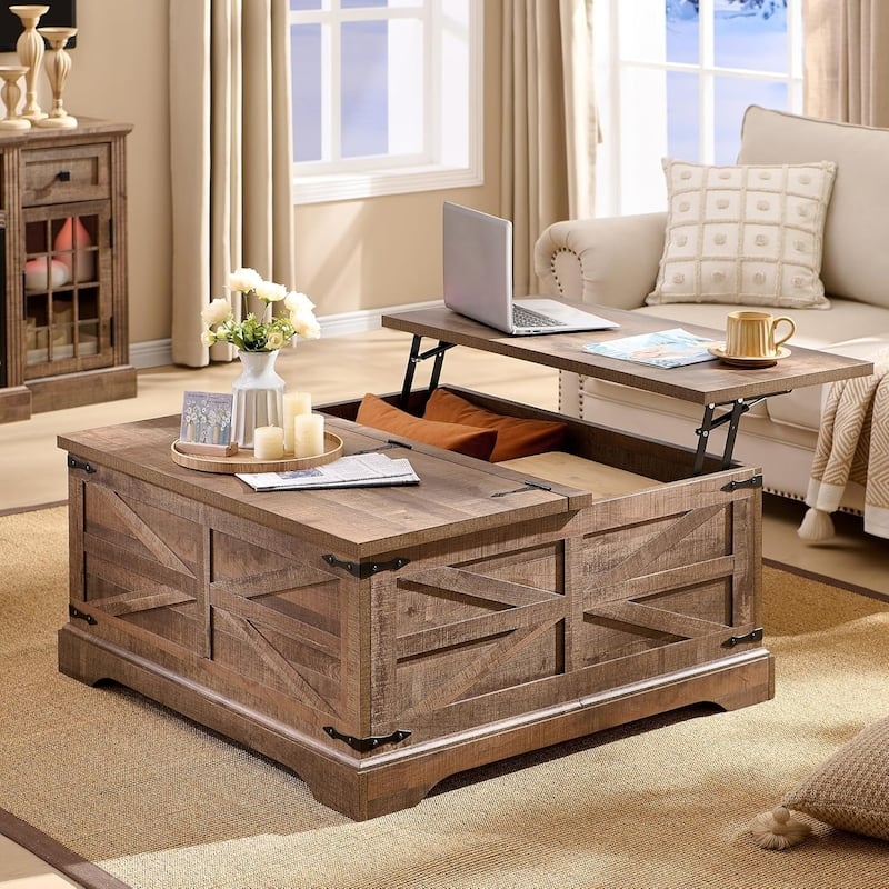 Farmhouse Lift Top Coffee Table Rustic Wood Barn Door Panels Storage