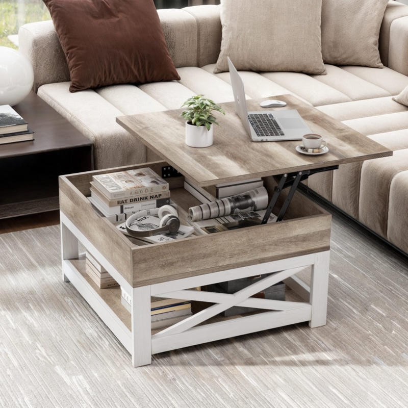 Farmhouse Lift Top Coffee Table, Two-Tone White Base and Wood Top