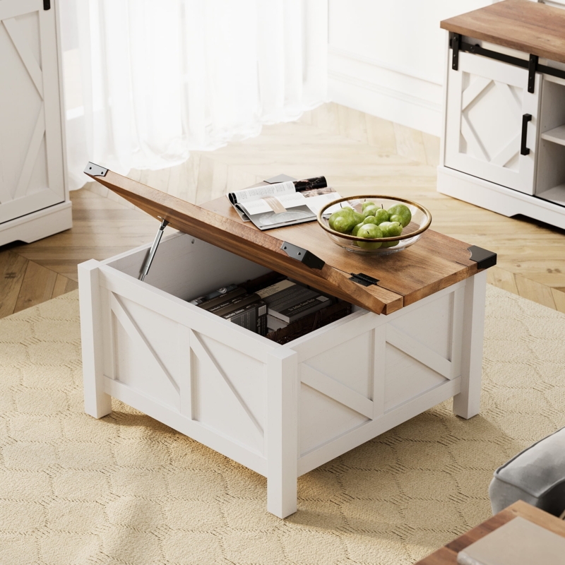 Farmhouse Lift Top Coffee Table White X-Brace Base Wood Toned Top Storage