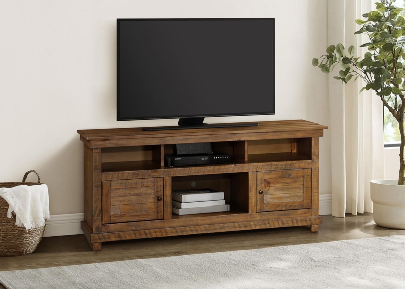 Farmhouse Media Console featuring Three Compartment Top Shelf