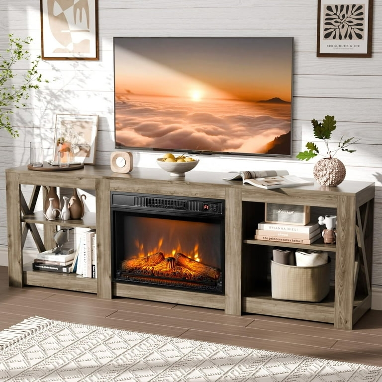 Farmhouse Media Console Gray Oak Electric Fireplace X-Frame Sides