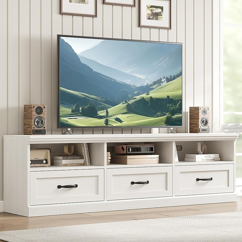 Farmhouse Media Console with Black Cup Pulls and Three Drawer Storage