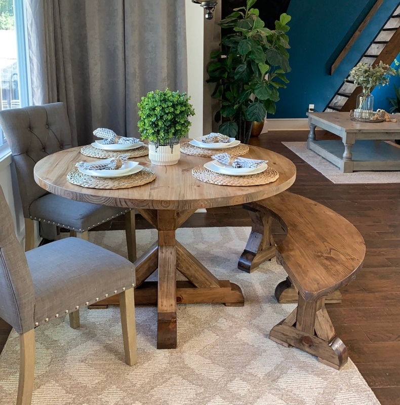 Farmhouse Round Dining Set with Curved Bench & Cross-Brace Base