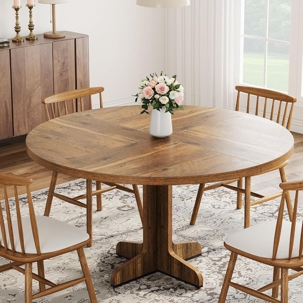 Farmhouse Round Dining Table Brown Wood Paneled Top Cross Pedestal