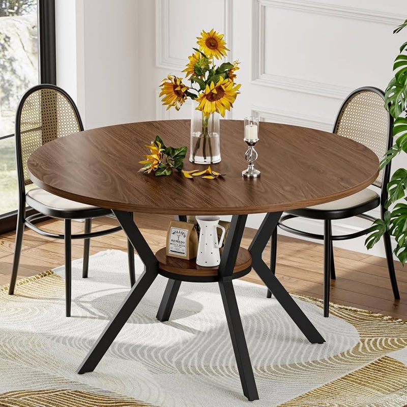 Farmhouse Round Dining Table with Shelf, Angled Black Metal Legs