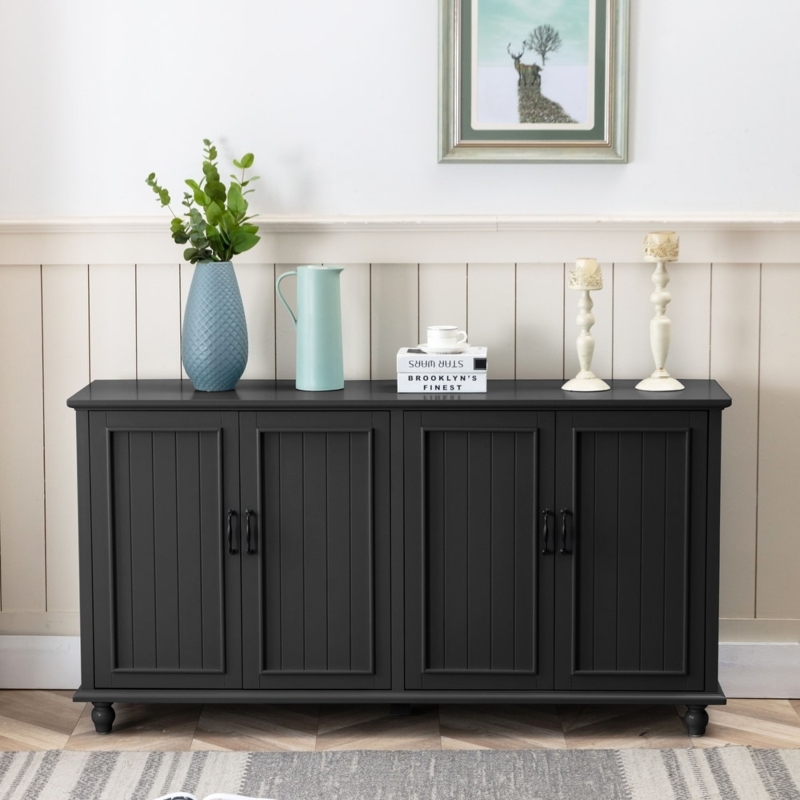 Farmhouse Sideboard Beadboard Panels Bun Feet Matte Black