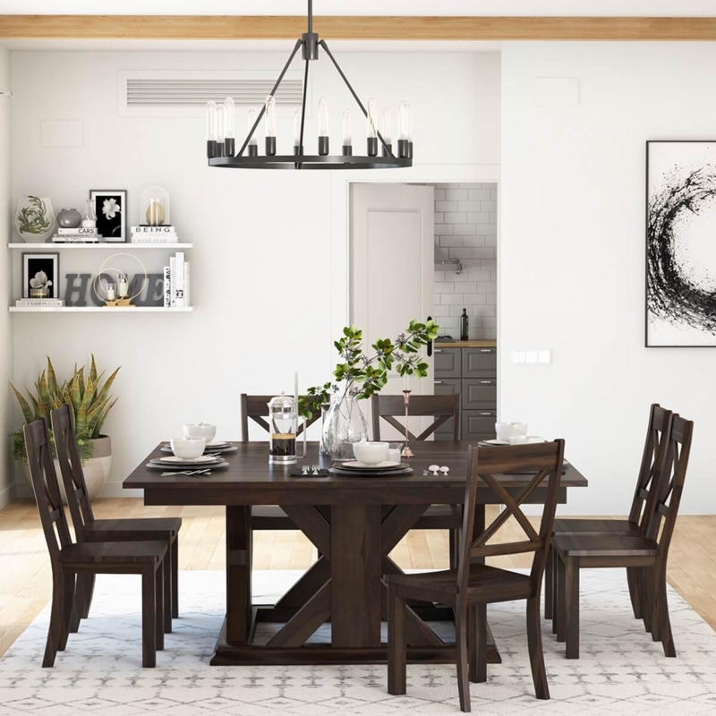 Farmhouse Style Square Dining Table with Chunky Pedestal Base