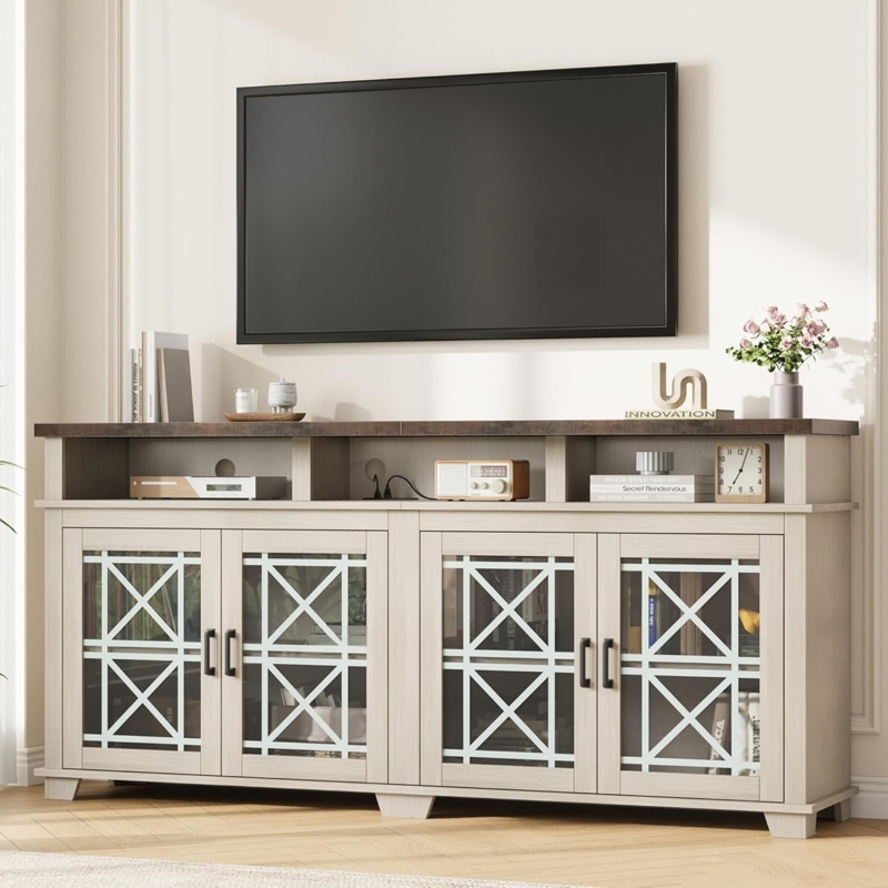Farmhouse TV Stand Cream with Dark Brown Top X-Mullion Glass Doors