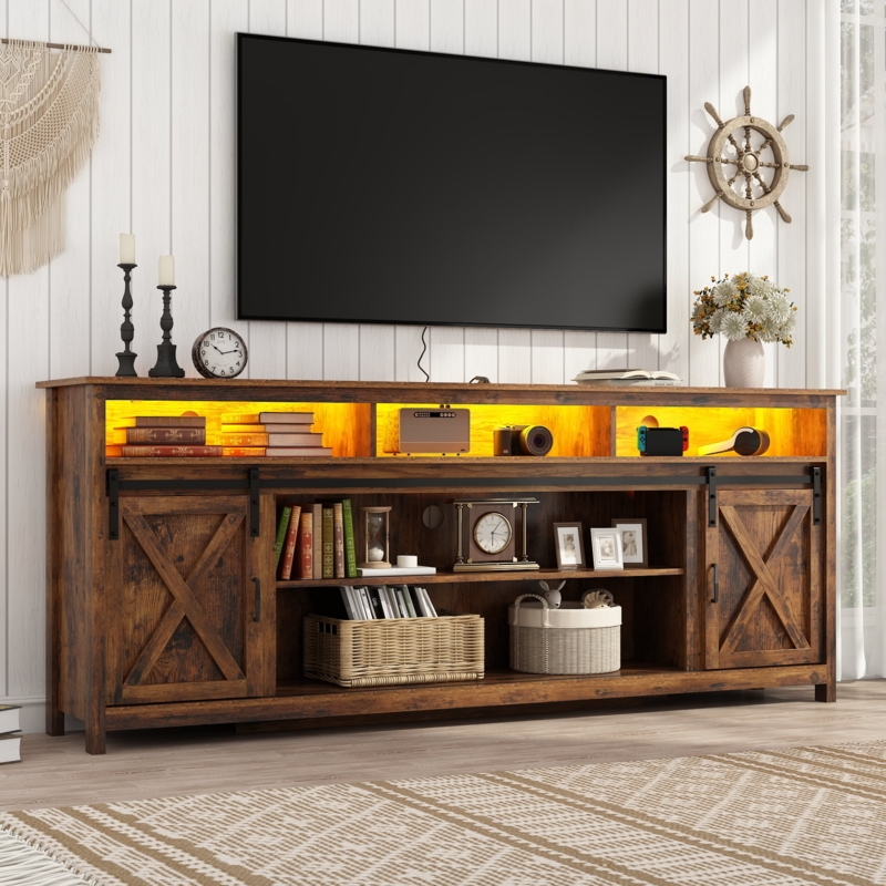 Farmhouse TV Stand Sliding Barn Doors LED Lit Media Cabinet