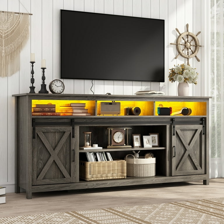 Farmhouse TV Stand with Lights, Sliding Barn Doors, and X-Brace Design