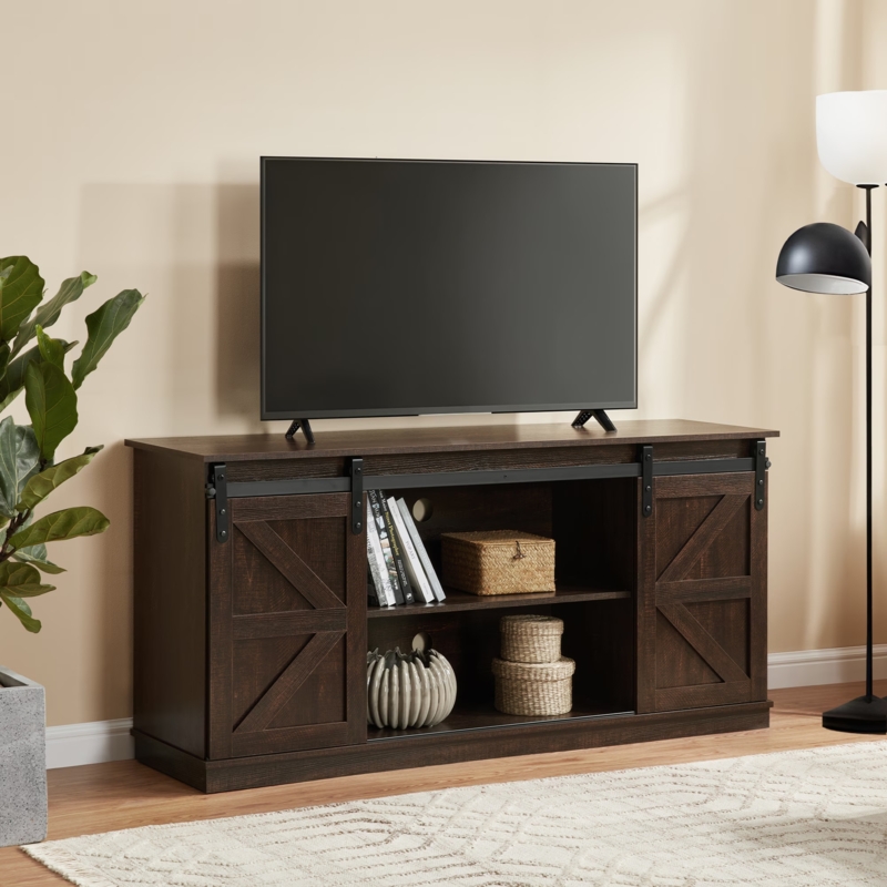 Farmhouse TV Stand with Sliding Barn Doors and Dark Finish