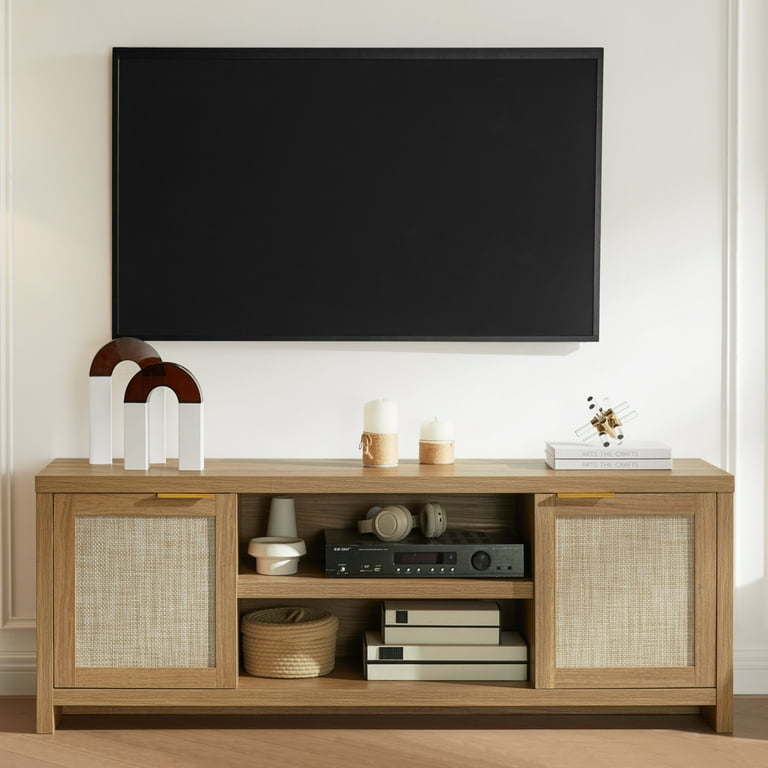 Farmhouse TV Stand with Woven Panels and Gold Pulls
