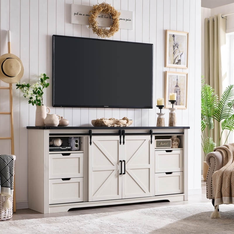 Farmhouse TV Stand with X-Brace Sliding Barn Doors, Two-Tone Finish