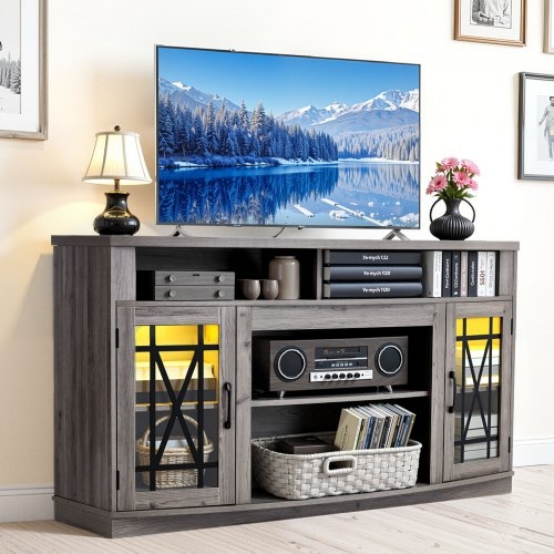 Farmhouse TV Stand with X-Frame Glass Doors and Interior Lighting