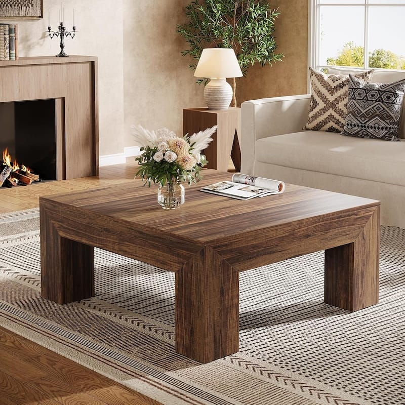 Farmhouse Wood Accent Center Table with Mitered Corners and Block Legs