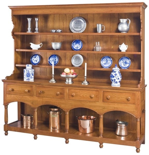 Farmhouse Wood Hutch with Open Plate Rack Shelving and Arched Niche Base