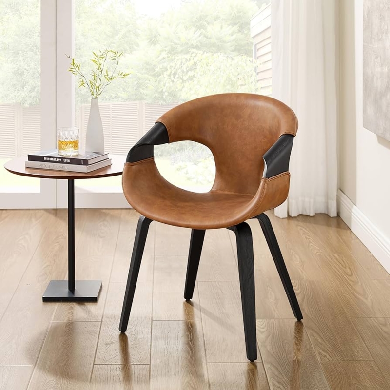 Faux Leather Armchair with Black Veneer Shell and Wood Legs