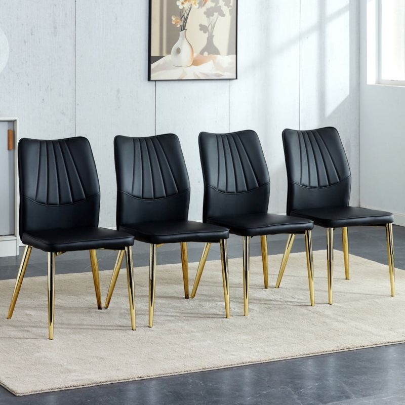 Faux Leather Dining Chairs Black Channel Tufted Gold Legs Glam