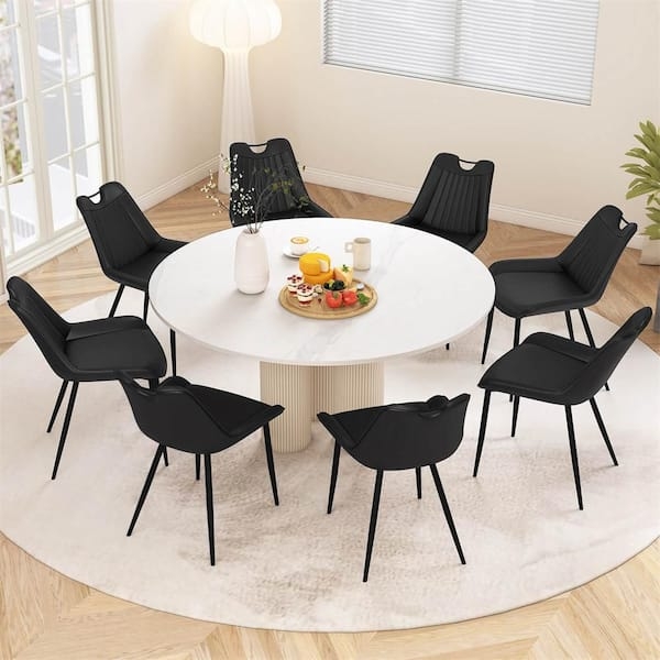 Faux Leather Dining Chairs Black Ribbed Back Slim Metal Legs