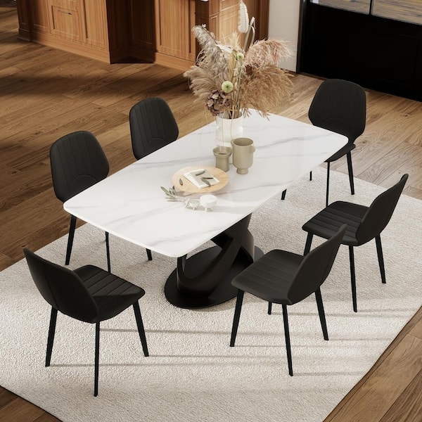 Faux Leather Dining Chairs Set of 6 Channel Tufting Metal Legs