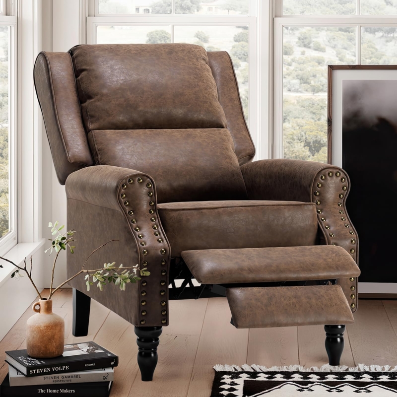 Faux Leather Pushback Recliner: Brown, Tiered Back Cushion, Turned Legs