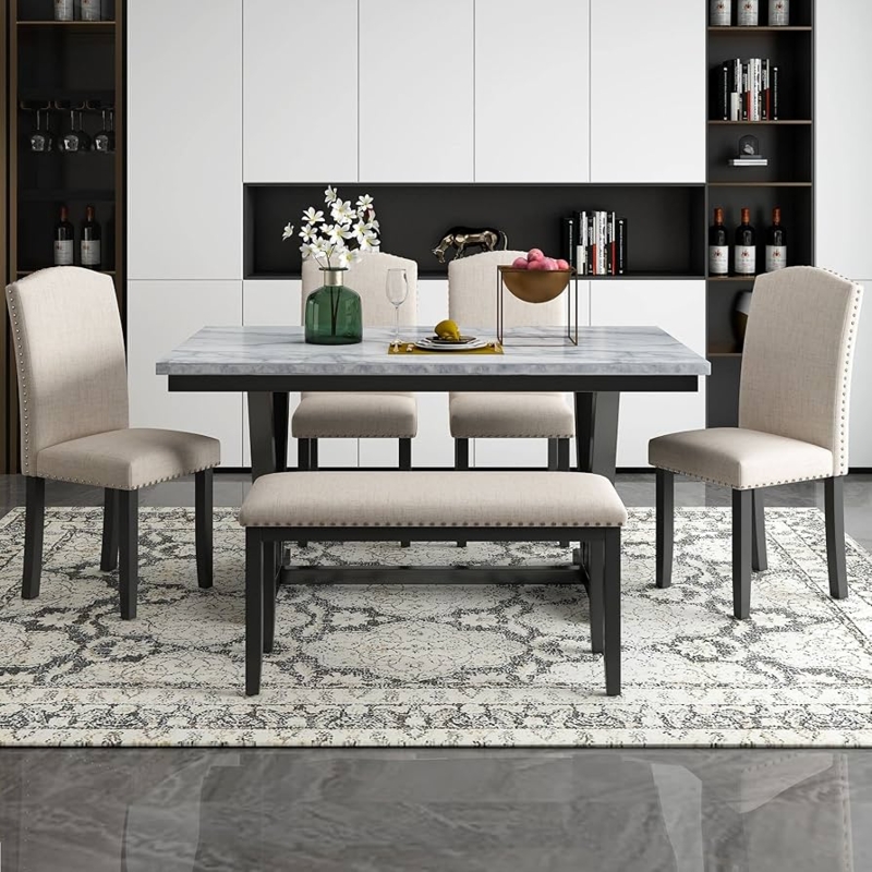Faux Marble Dining Set with Nailhead Trim and Bench